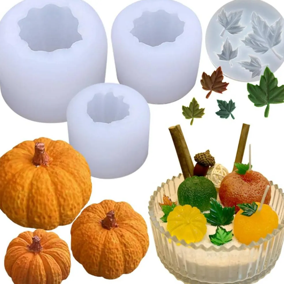 (4 Pack) Pumpkin Candle Molds with Leaf Mold(4PCS Pumpkin & Leaf Candle Molds)3 x 2 x 0.57 inches