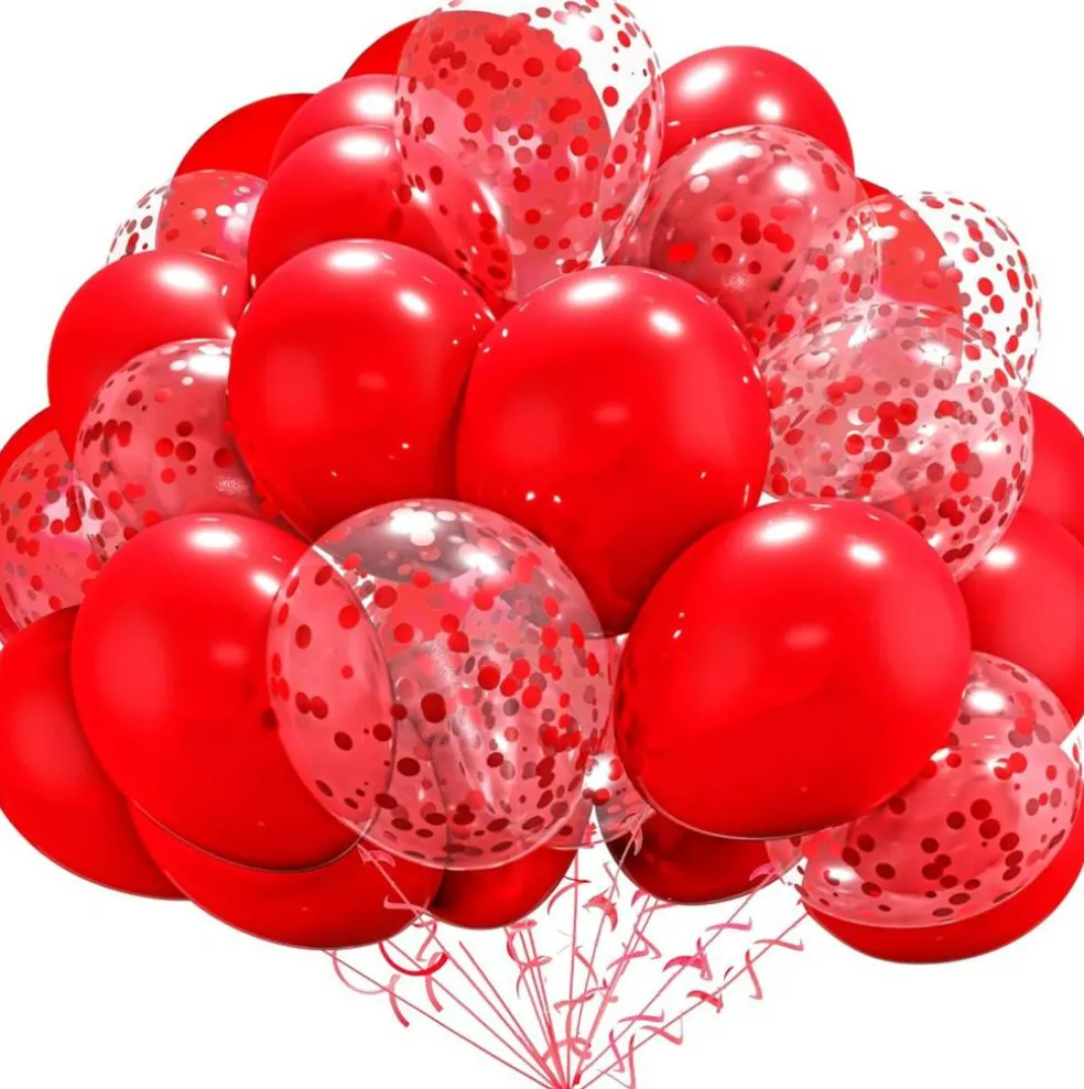 60 Pack Red Balloons with Red Confetti Balloons 12 Inch Premium Latex Balloon Kit with Red Ribbon and Balloon Strip for Christmas Valentine's Day Birthday Wedding Party Decorations