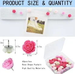 60-Pack Red Rose Decorative Pushpins – Gradient Flower Thumb Tacks for Cork Boards, Office, School, or Home Organization