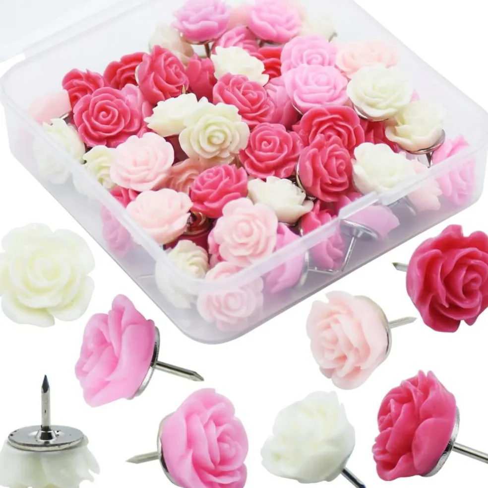 60-Pack Red Rose Decorative Pushpins – Gradient Flower Thumb Tacks for Cork Boards, Office, School, or Home Organization
