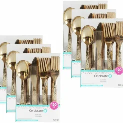 6 Packs: 120 ct. (720 total) Gold Hammered Plastic Cutlery Set by Celebrate It™