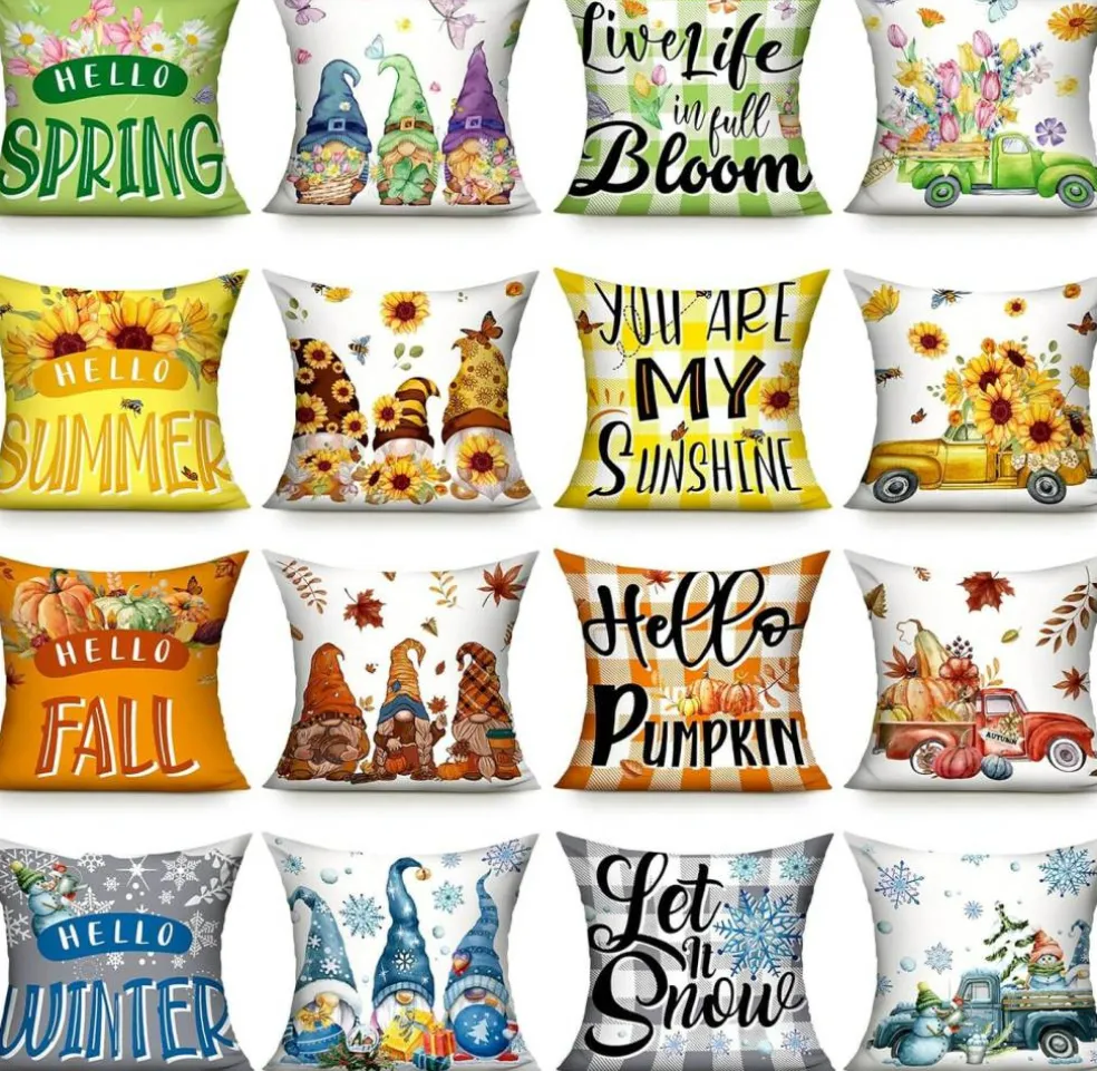 16 Pack Seasonal Pillow Covers 18x18 Inch – Farmhouse Throw Pillow Cases with 4 Seasons Designs (Sunflower, Gnome, Pumpkin, Snowflake) for Couch, Sofa, Bed & Home Decor