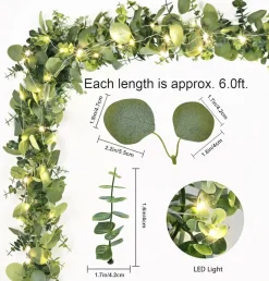 2 Packs 6FT Artificial Eucalyptus Garland with LED Light String, Faux Greenery Garland Hanging Fake Silver Dollar Eucalyptus Leaves Vines for Wedding Backdrop Arch Table Wall Party Home Decor
