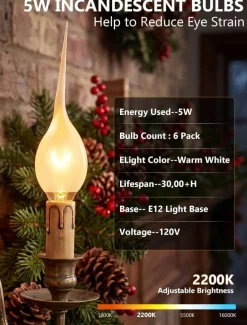 6 Pack Silicone Dipped C7 Light Bulbs, 5W E12 Candelabra Base Shatterproof Waterproof Flame Tip Candle Bulbs, 2200K Warm White Vintage Primitive Lights for Window Candles and Chandeliers