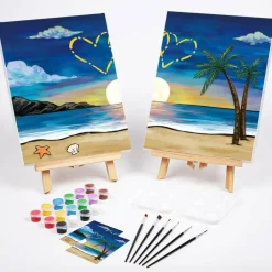 2 Pack Sip and Paint Kit for Couples, Pre-Drawn Canvas Painting Set 8x10 Inch DIY Date Night Art Kit with Acrylic Paints, Brushes & Palettes, Beach & Heart Design Valentine Paint Party Set