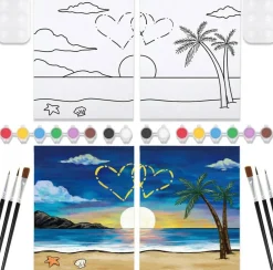 2 Pack Sip and Paint Kit for Couples, Pre-Drawn Canvas Painting Set 8x10 Inch DIY Date Night Art Kit with Acrylic Paints, Brushes & Palettes, Beach & Heart Design Valentine Paint Party Set
