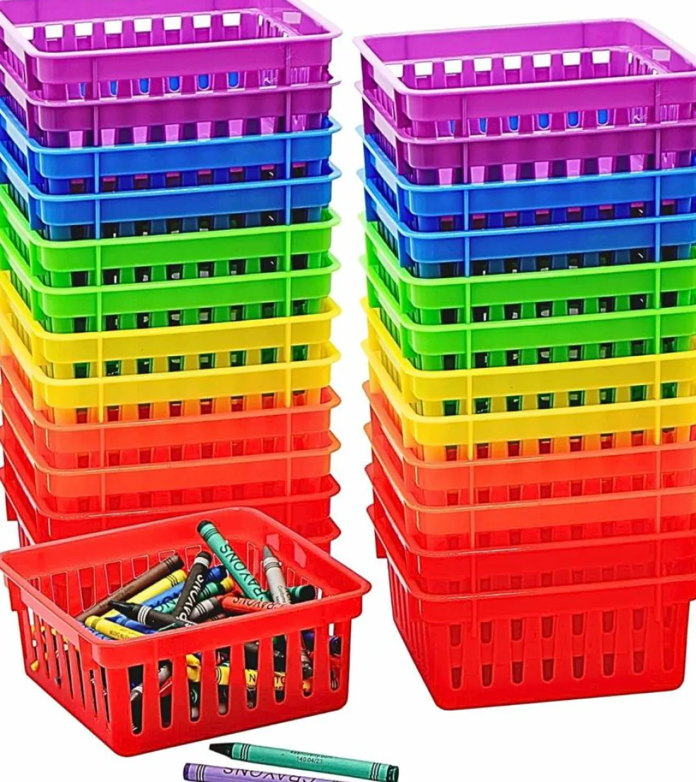 24 Pack Small Classroom Storage Baskets, Pack Bulk, Square 4.5" Sturdy Plastic Colorful Crayon & Pencil Container, Organizer Bins for Desk for Classrooms Supplies, Office, Toy Storage