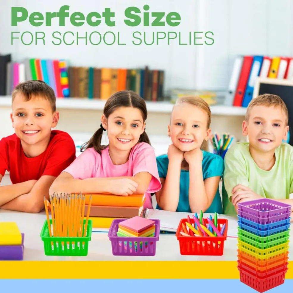 24 Pack Small Classroom Storage Baskets, Pack Bulk, Square 4.5" Sturdy Plastic Colorful Crayon & Pencil Container, Organizer Bins for Desk for Classrooms Supplies, Office, Toy Storage