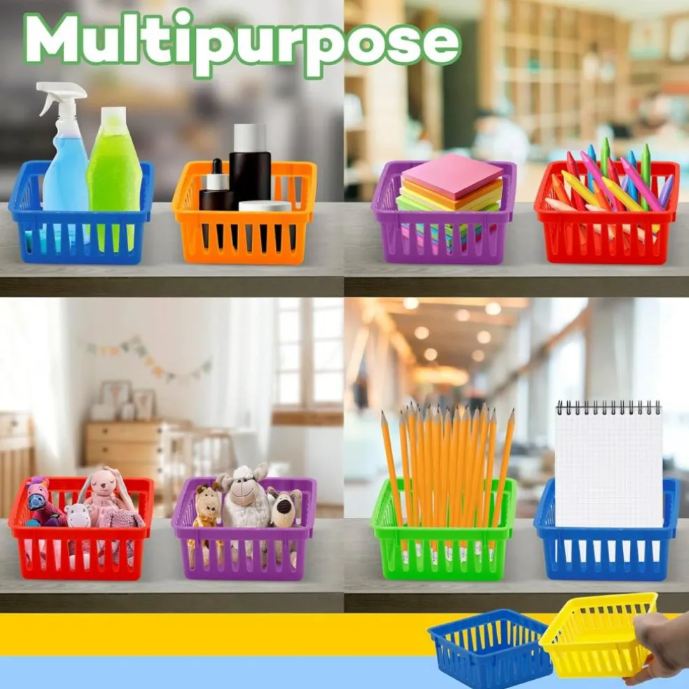 24 Pack Small Classroom Storage Baskets, Pack Bulk, Square 4.5" Sturdy Plastic Colorful Crayon & Pencil Container, Organizer Bins for Desk for Classrooms Supplies, Office, Toy Storage