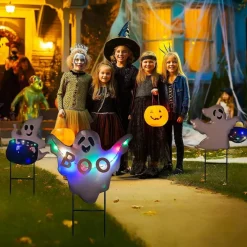 3 Pack Solar Halloween Yard Stakes, 24 Inch Metal Ghost Pumpkin & Witch Cauldron Outdoor Decorations, Solar Powered Light Up Lawn Stakes for Garden, Patio, Pathway, Porch & Front Yard