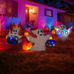 3 Pack Solar Halloween Yard Stakes, 24 Inch Metal Ghost Pumpkin & Witch Cauldron Outdoor Decorations, Solar Powered Light Up Lawn Stakes for Garden, Patio, Pathway, Porch & Front Yard