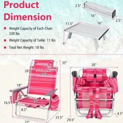 2 Packs 5-Position Recliner Folding Beach Chair Set with Table and Cup Holders Storage Bag