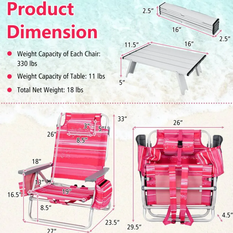 2 Packs 5-Position Recliner Folding Beach Chair Set with Table and Cup Holders Storage Bag