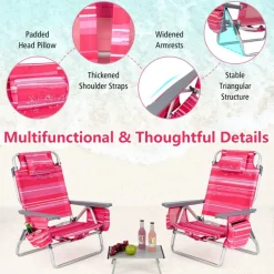 2 Packs 5-Position Recliner Folding Beach Chair Set with Table and Cup Holders Storage Bag