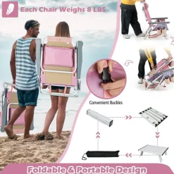 2 Packs 5-Position Recliner Folding Beach Chair Set with Table and Cup Holders Storage Bag