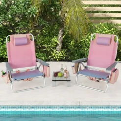 2 Packs 5-Position Recliner Folding Beach Chair Set with Table and Cup Holders Storage Bag