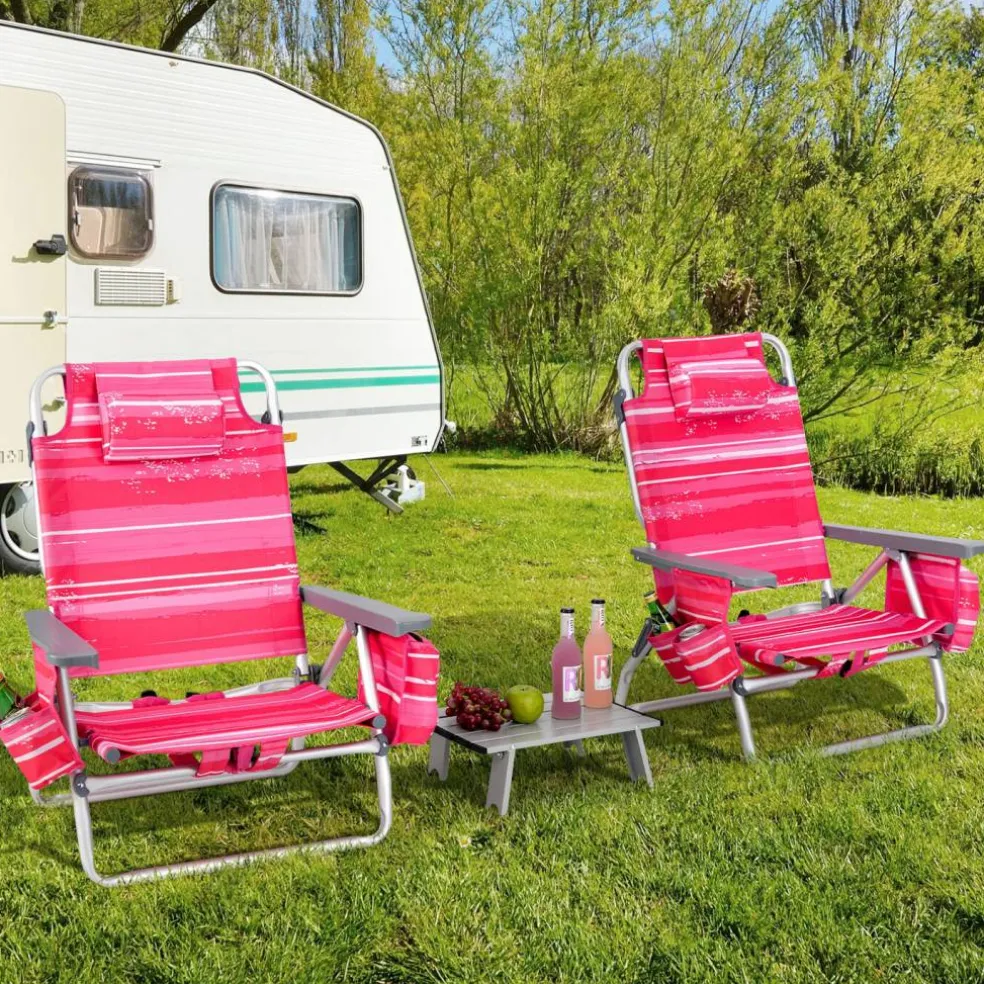 2 Packs 5-Position Recliner Folding Beach Chair Set with Table and Cup Holders Storage Bag