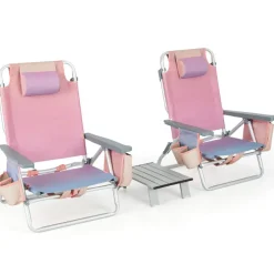 2 Packs 5-Position Recliner Folding Beach Chair Set with Table and Cup Holders Storage Bag