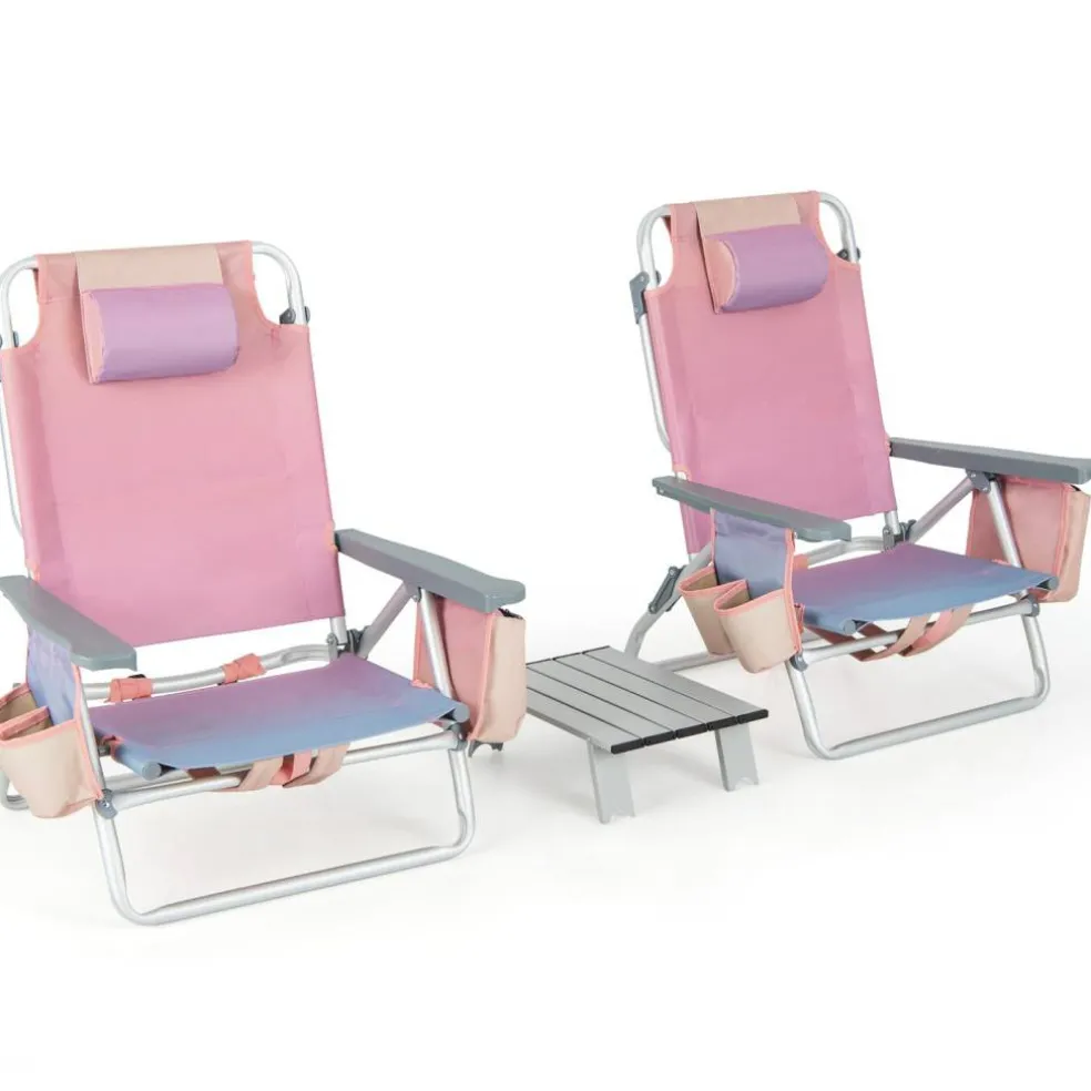 2 Packs 5-Position Recliner Folding Beach Chair Set with Table and Cup Holders Storage Bag