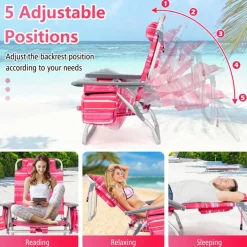 2 Packs 5-Position Recliner Folding Beach Chair Set with Table and Cup Holders Storage Bag