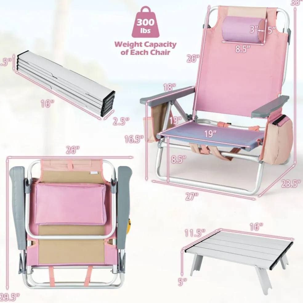 2 Packs 5-Position Recliner Folding Beach Chair Set with Table and Cup Holders Storage Bag