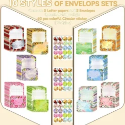 160 Packs Stationery Paper Set (50 Double Sided Stationery Writing Papers 50 Matching Envelopes) 60 Round Dot Sticker, 10 Design(Flower,5.5 x 8.25 Inch)