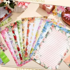 160 Packs Stationery Paper Set (50 Double Sided Stationery Writing Papers 50 Matching Envelopes) 60 Round Dot Sticker, 10 Design(Flower,5.5 x 8.25 Inch)
