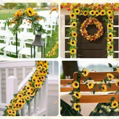 4-Pack Sunflower Garland – 7.5 ft Silk Artificial Sunflowers with Green Leaves, Hanging Vines for Fall, Birthday Backdrop, Outdoor and Wedding Decorations