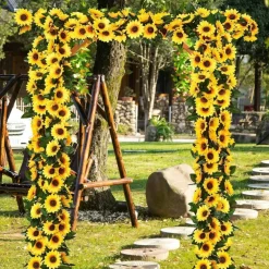 4-Pack Sunflower Garland – 7.5 ft Silk Artificial Sunflowers with Green Leaves, Hanging Vines for Fall, Birthday Backdrop, Outdoor and Wedding Decorations