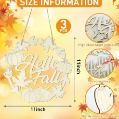 3 Pack Unfinished Wood Fall Wreaths – 11" Large Maple Leaf & Pumpkin Wooden Cutouts for Painting – DIY Autumn Front Door Signs & Hanging Holiday Ornaments