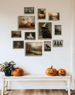 12 Pack Vintage Halloween Wall Art Prints, Spooky Horror Gallery Wall Decor, Witch Ghost Black Cat Pumpkin Posters, Fall Aesthetic Halloween Room Decor, Unframed 8x10 5x7 4x6