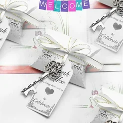 50 Pack Vintage Skeleton Key Bottle Openers Wedding Favors Souvenir Gift Set for Guests Pillow Candy Box Escort Thank You Card French Ribbon
