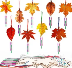 9 Pack Wooden Fall Wind Chime Craft Kit, DIY Maple Leaf Coloring Hanging Ornament Set with Wind Chime Tubes for Thanksgiving Autumn Halloween Party Activities