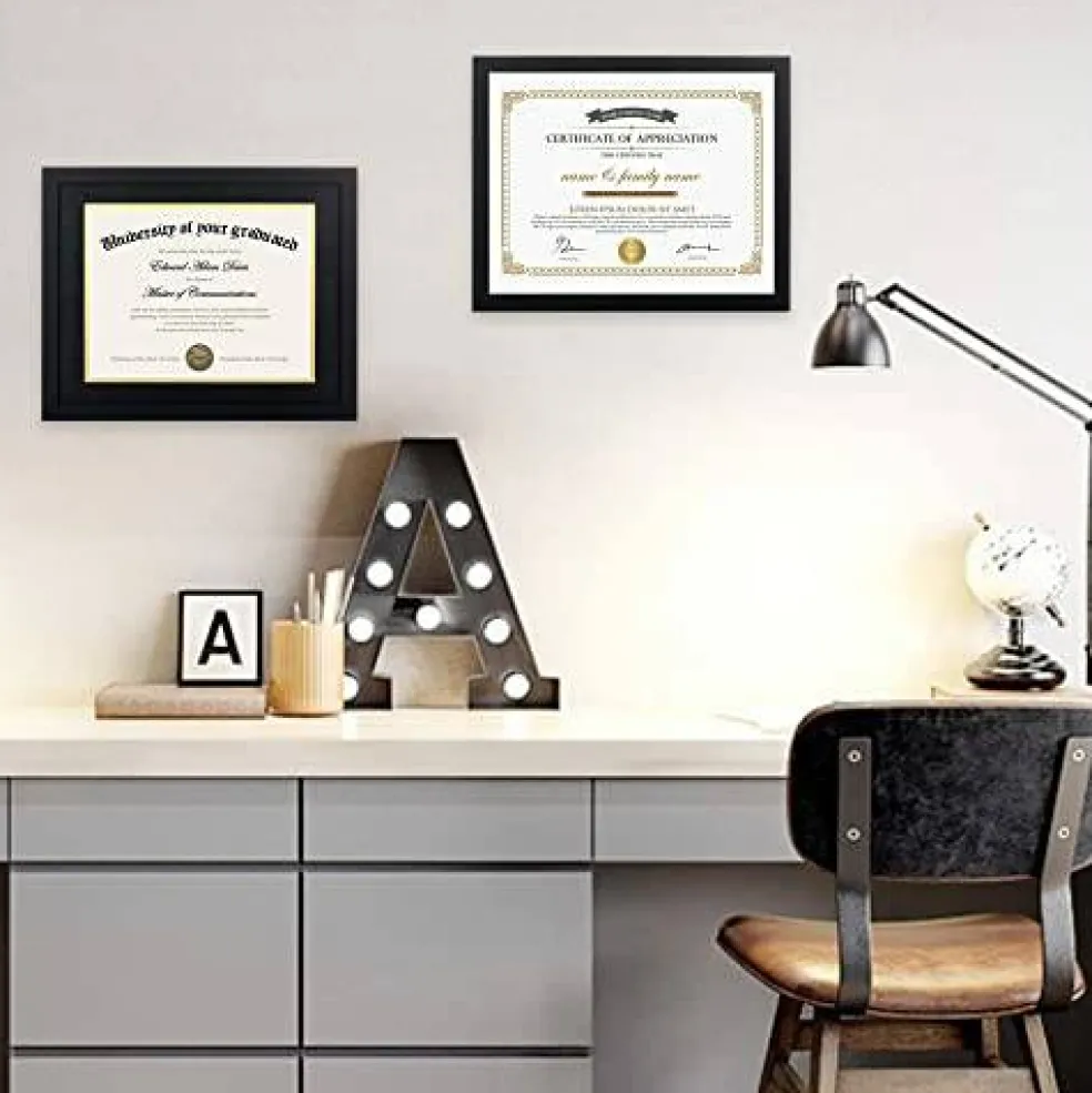 2 Pack 11x14 Diploma Frame - Certificate, Degree, Document Frame with High Definition Glass, Fits 8.5 x 11 with Black Double Mat for Wall and Tabletop Display