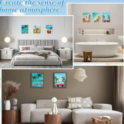6 Pack 8x10 Inch Summer Beach Pre-Drawn Canvas Painting Kit for Sip & Paint Party, Framed DIY Acrylic Painting Set for Adults & Kids, Coconut Surfboard Parasol Pre-Sketched Wall Art Home Decor