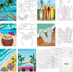 6 Pack 8x10 Inch Summer Beach Pre-Drawn Canvas Painting Kit for Sip & Paint Party, Framed DIY Acrylic Painting Set for Adults & Kids, Coconut Surfboard Parasol Pre-Sketched Wall Art Home Decor