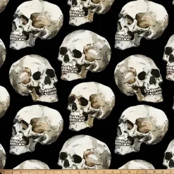 Painted Skulls Black Silky Premium Fleece Fabric | By the Yard