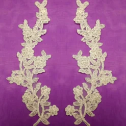 1 Pair Beaded & Corded Floral Lace Applique Embroidered on 100% Polyester Mesh 10" x 3" Each Side
