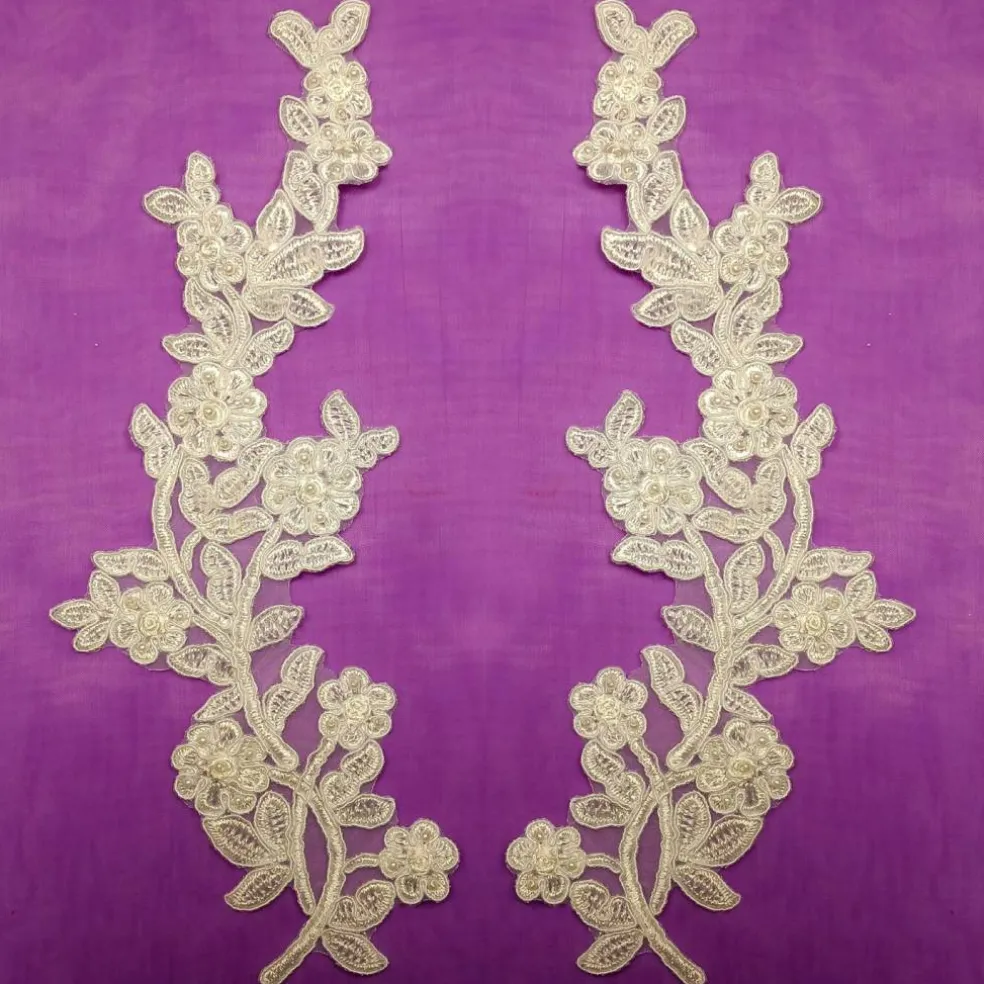 1 Pair Beaded & Corded Floral Lace Applique Embroidered on 100% Polyester Mesh 10" x 3" Each Side