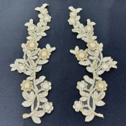 1 Pair Beaded & Corded Floral Lace Applique Embroidered on 100% Polyester Mesh 10" x 3" Each Side