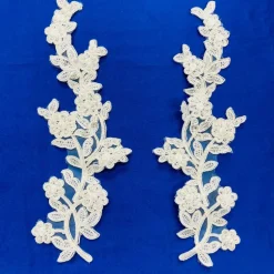 1 Pair Beaded & Corded Floral Lace Applique Embroidered on 100% Polyester Mesh 10
