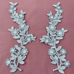 1 Pair Beaded & Corded Floral Lace Applique Embroidered on 100% Polyester Mesh 10