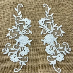 1 Pair Beaded & Corded Floral Lace Applique Embroidered on 100% Polyester 9.5" x 2" Each Side