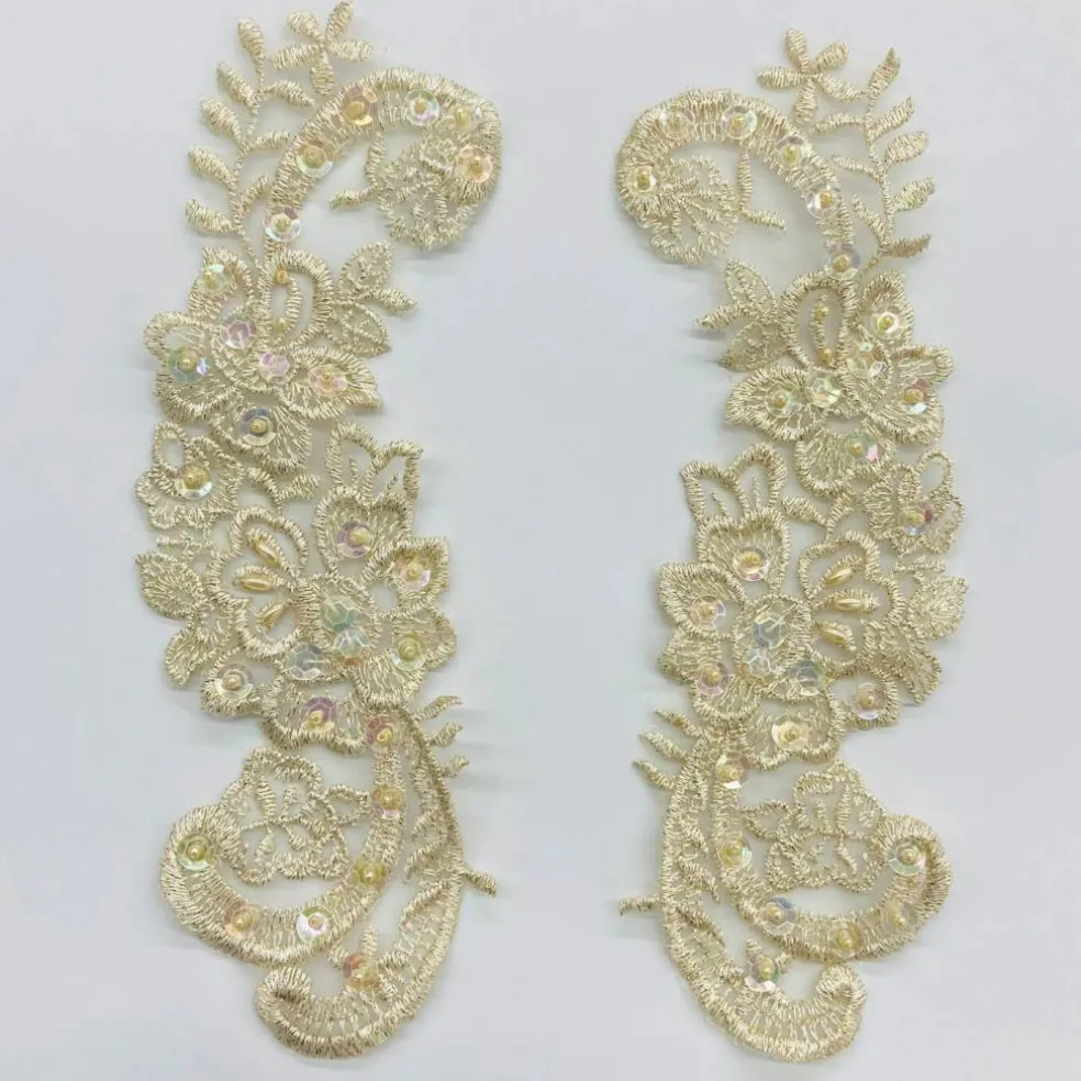 1 Pair Beaded Lace Applique Embroidered on 100% Polyester Organza 9" x 3" Each Side