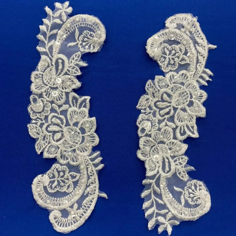 1 Pair Beaded Lace Applique Embroidered on 100% Polyester Organza 9" x 3" Each Side