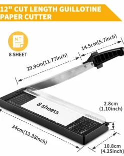Paper Cutter 12 Inch, 8 Sheet Capacity, Heavy Duty Paper Cutter for Cardstock, Guillotine Paper Trimmer for Crafting, Classroom and Office