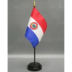 Paraguay Desk Flag with Base; American Made Rayon 4x6 inch Miniature Table Set Includes One Small Mini Country Stick Flags and One Black Stand