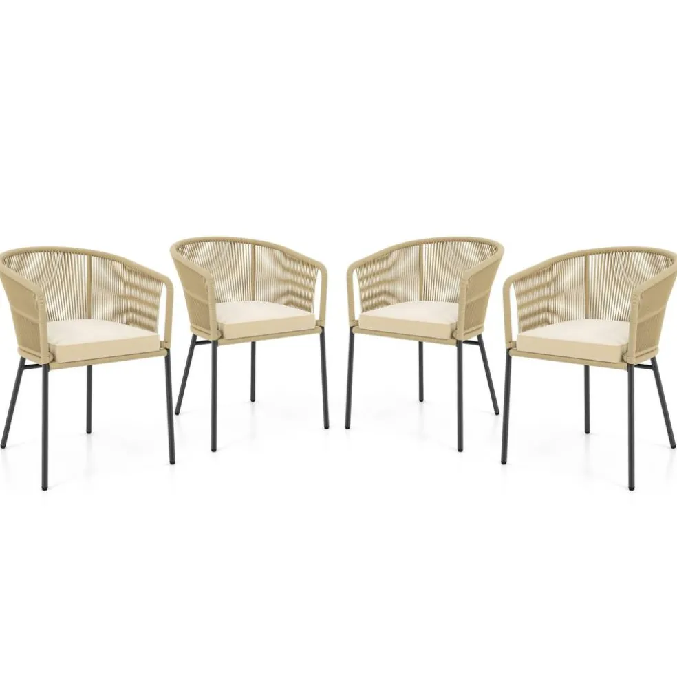 Patio Chair Metal Frame Cushioned Seat Ergonomic Backrest Outdoor Beige