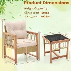 Patio Furniture Set 3 Piece Rattan Chairs Acacia Wood Cushions Glass Table Light Brown