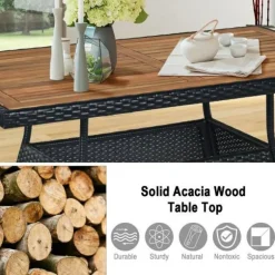 Patio Furniture Set 5-Piece Wicker Chairs Acacia Wood Table Cushions Black White